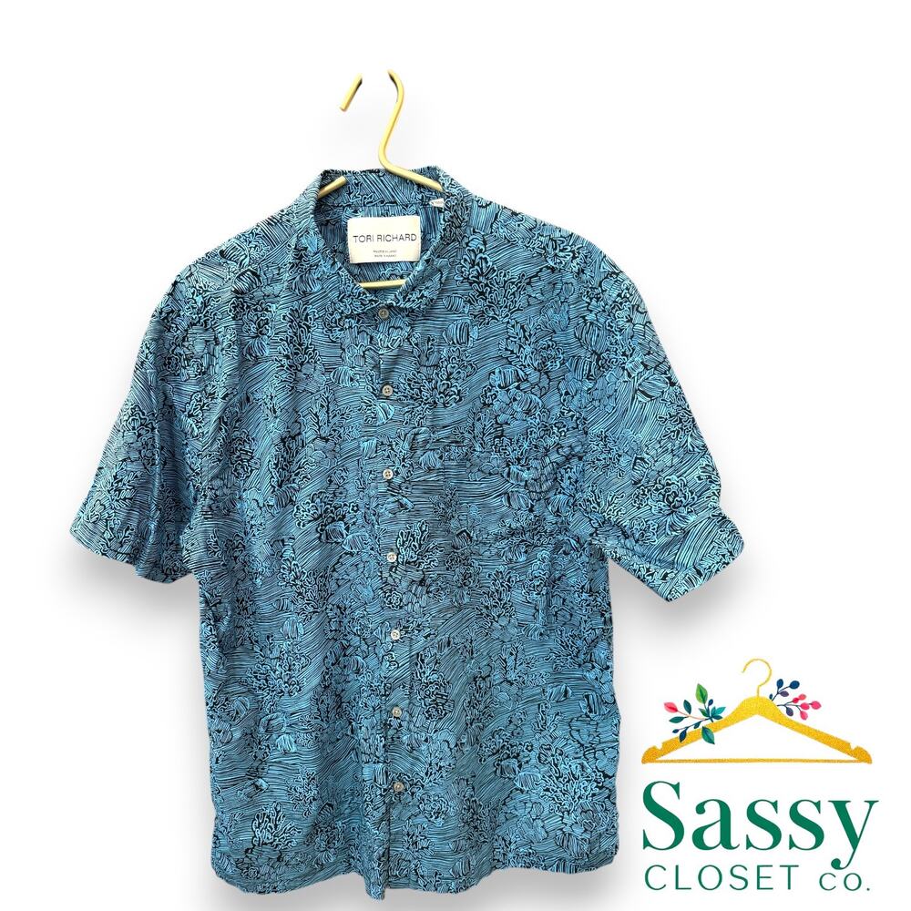 ✨ TORI RICHARD Hawaii Cotton Lawn Shirt XL EUC Blue Fish Ocean Motif Camp 🐠
